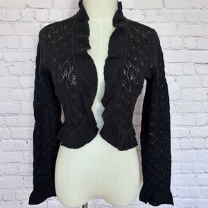 NEW YORK & COMPANY Long Sleeve Black Ruffle Open-Knit Cropped Shrug--EUC--S